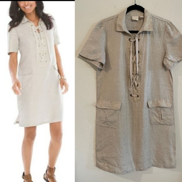 Chico's Women’s Shift Mini Dress Medium Tan Foiled 100% Linen Contemporary - Picture 1 of 17